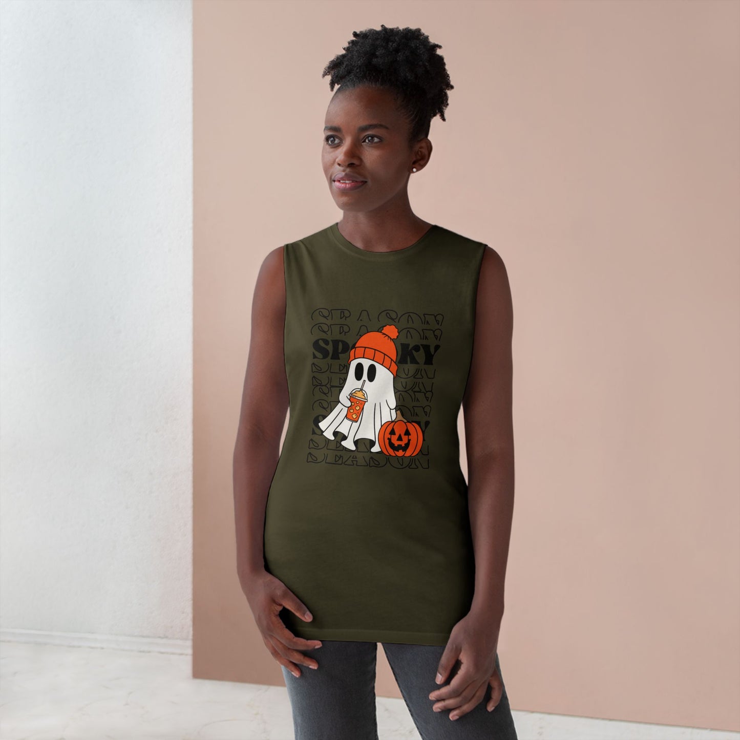 Spooky Season Unisex Barnard Tank, Halloween Tank Top, Ghost Print Sleeveless Shirt, Fall Celebration Apparel, Trendy Halloween Fashion