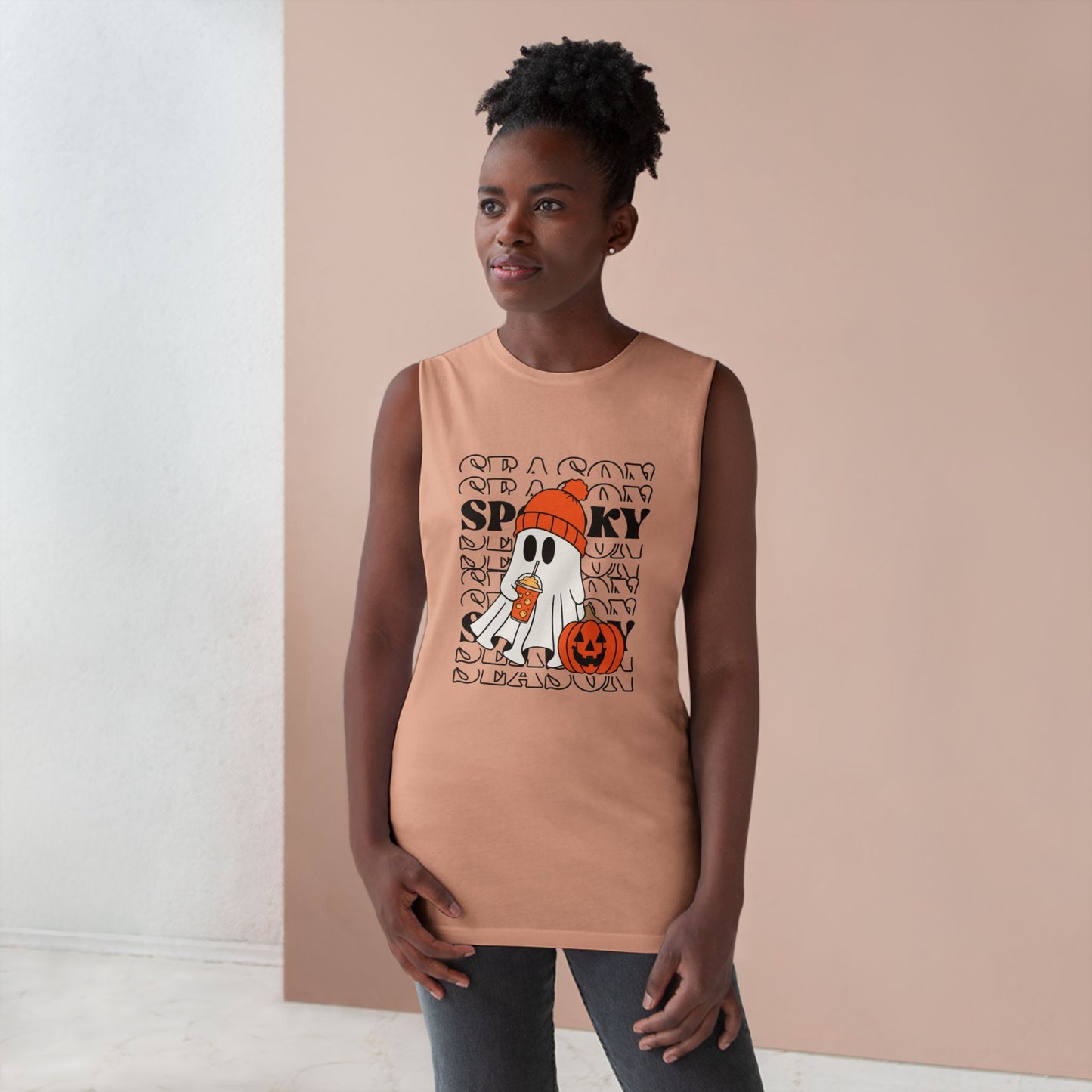 Spooky Season Unisex Barnard Tank, Halloween Tank Top, Ghost Print Sleeveless Shirt, Fall Celebration Apparel, Trendy Halloween Fashion