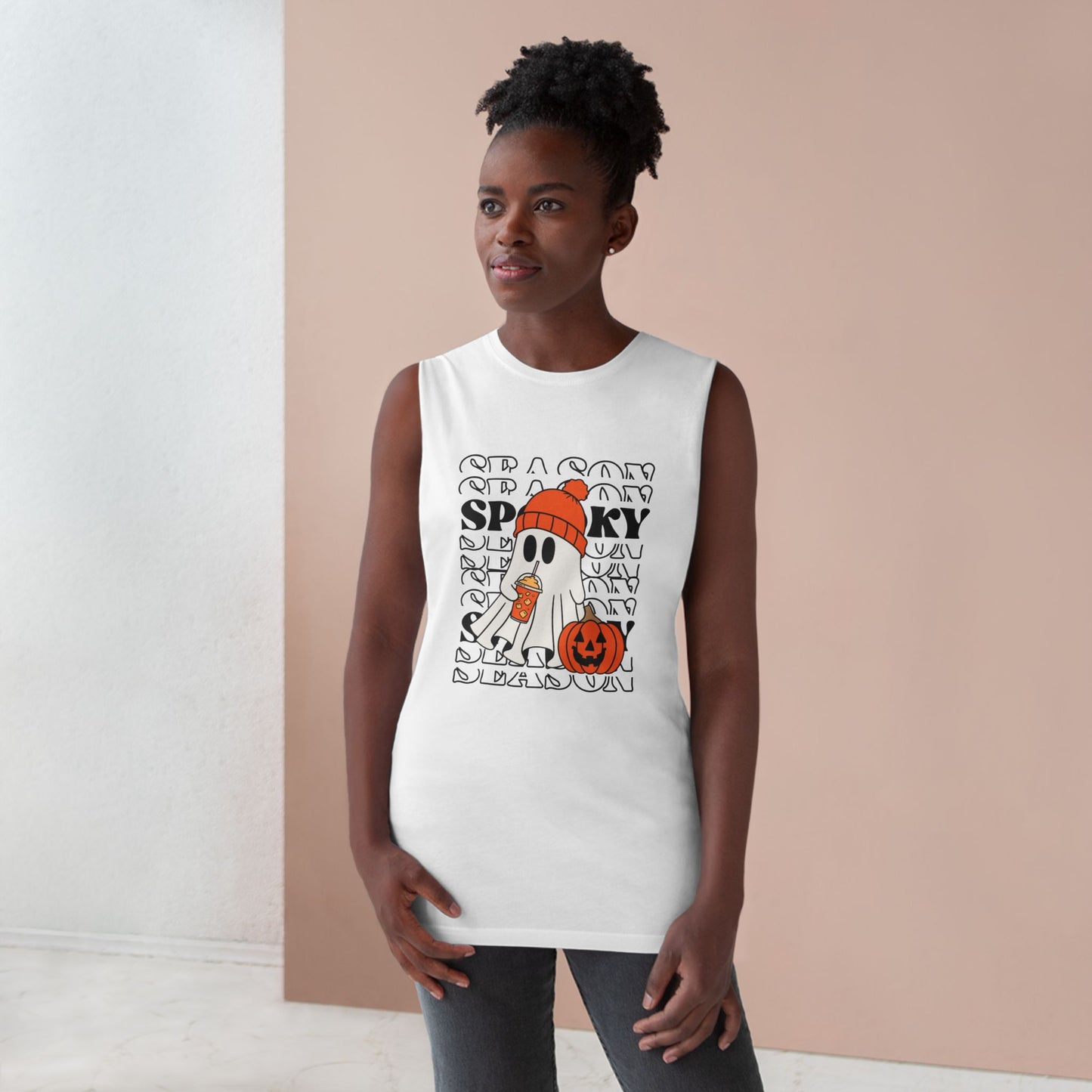 Spooky Season Unisex Barnard Tank, Halloween Tank Top, Ghost Print Sleeveless Shirt, Fall Celebration Apparel, Trendy Halloween Fashion