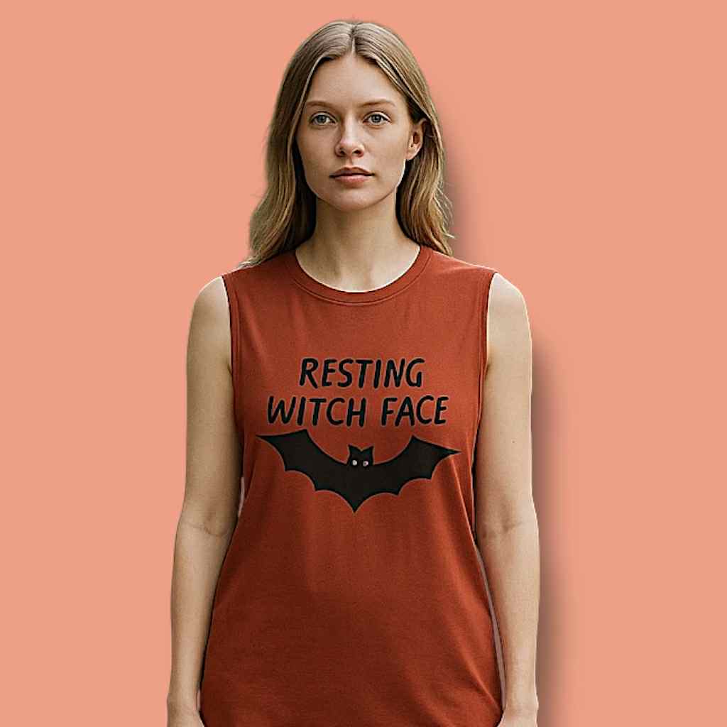 100% Cotton Resting Witch Face Muscle Tank - Spooky Top, Halloween Gift, Casual Wear, Bat Design, Comfortable Tank