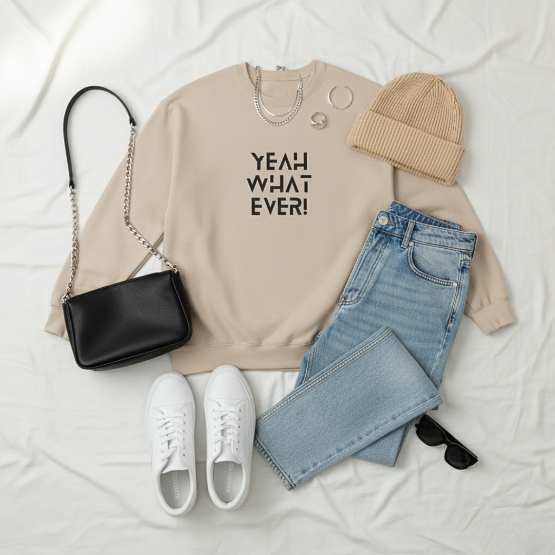Casual "Yeah Whatever" Crewneck Sweatshirt, Cozy Sweatshirt, Trendy Apparel