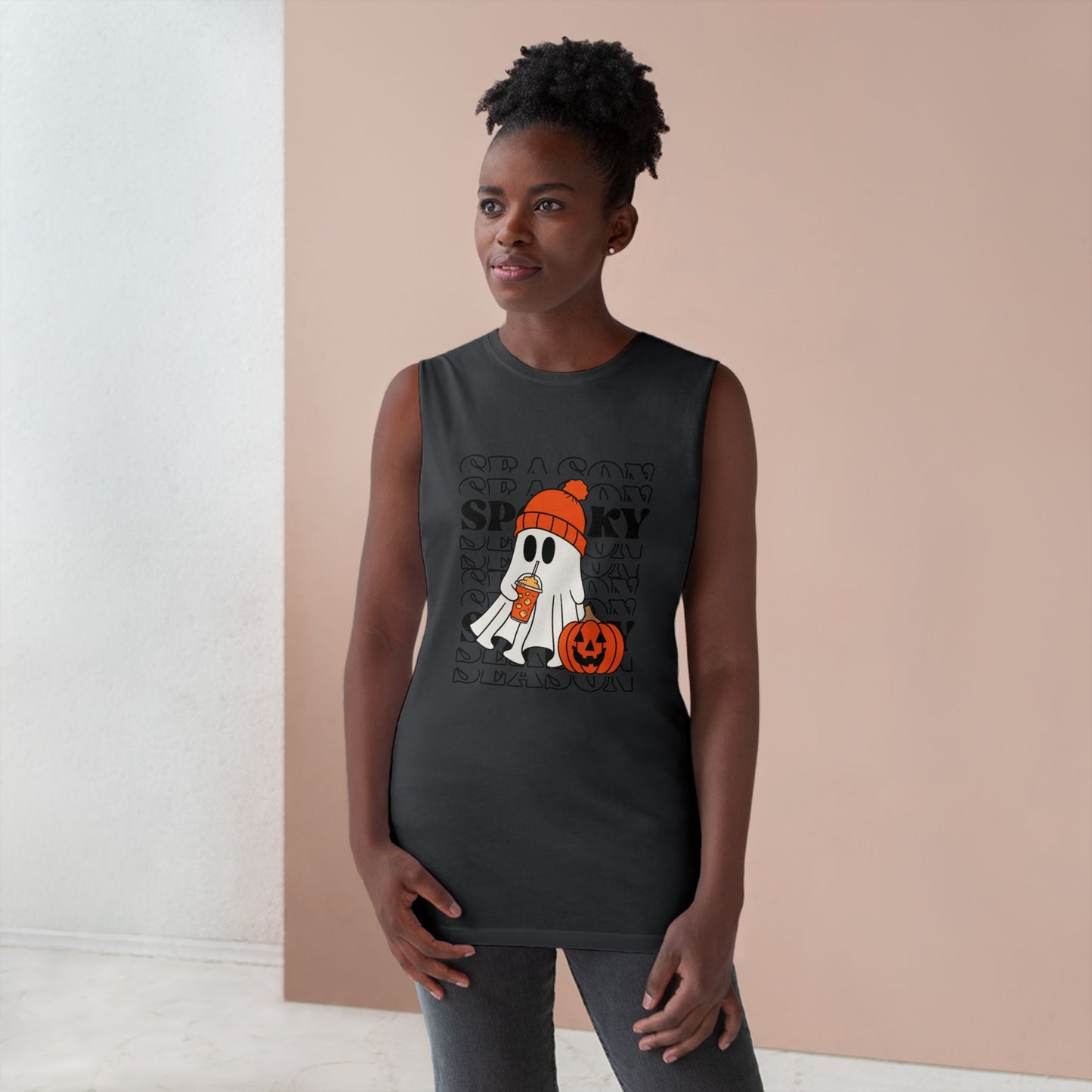 Spooky Season Unisex Barnard Tank, Halloween Tank Top, Ghost Print Sleeveless Shirt, Fall Celebration Apparel, Trendy Halloween Fashion