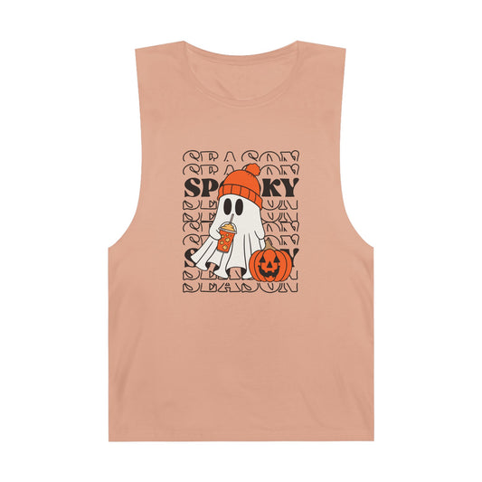 Spooky Season Unisex Barnard Tank, Halloween Tank Top, Ghost Print Sleeveless Shirt, Fall Celebration Apparel, Trendy Halloween Fashion